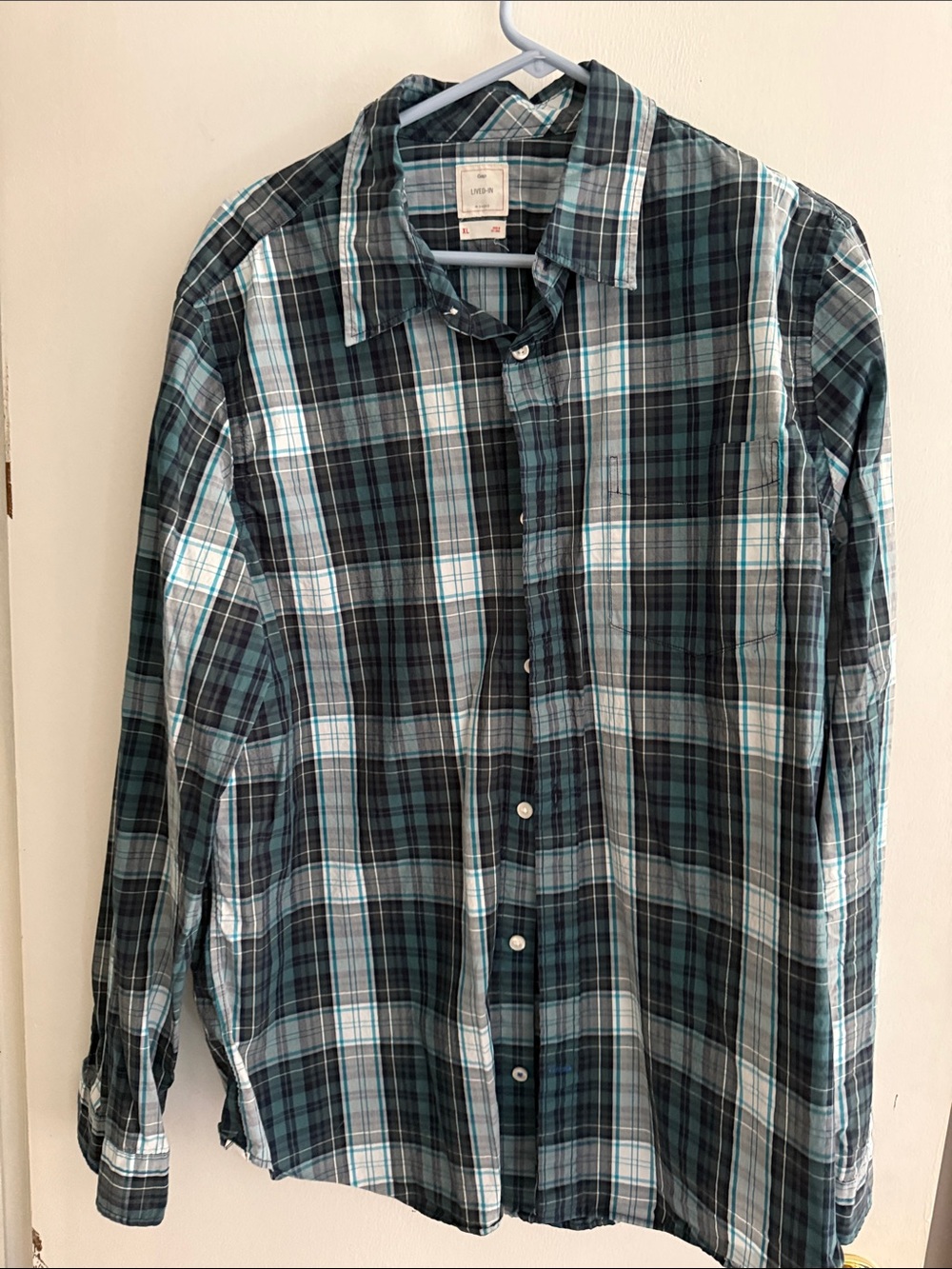 GAP Teal and Black Plaid Long-Sleeve Button-Down Shirt